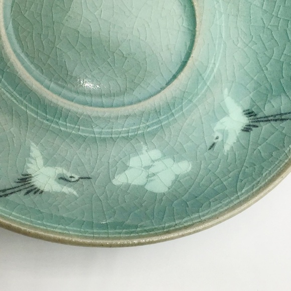 VINTAGE Celedon Tea Set Cup and Sugar Bowl Asian Flying Crane Crackle Glaze Blue - Picture 3 of 11